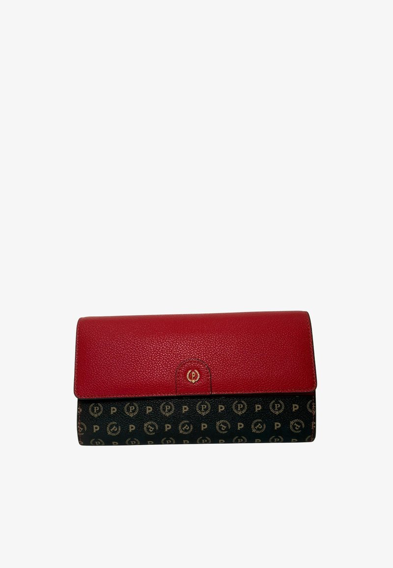 Clutch wallet in pelle rossa a forma di piccole pietre, con una sezione inferiore a motivo nero. Presenta dettagli in oro e un logo in rilievo sulla parte anteriore. Design compatto.