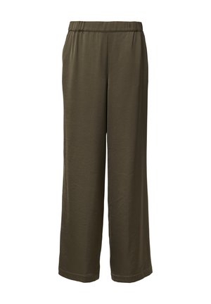 Olive green, wide-leg pants with an elastic waistband, made from soft, lightweight fabric. Features a smooth texture and no visible hardware.