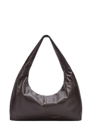 Borsa hobo in pelle marrone con una finitura liscia, corpo grande e curvato, e una tracolla ampia. Presenta cuciture sottili e logo del brand impresso.