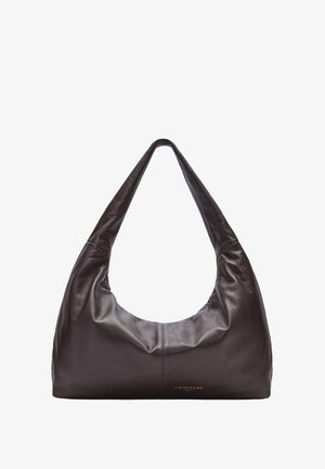Brown leather hobo bag with a smooth finish, large curved body, and a wide strap. Features subtle stitching and embossed brand logo.