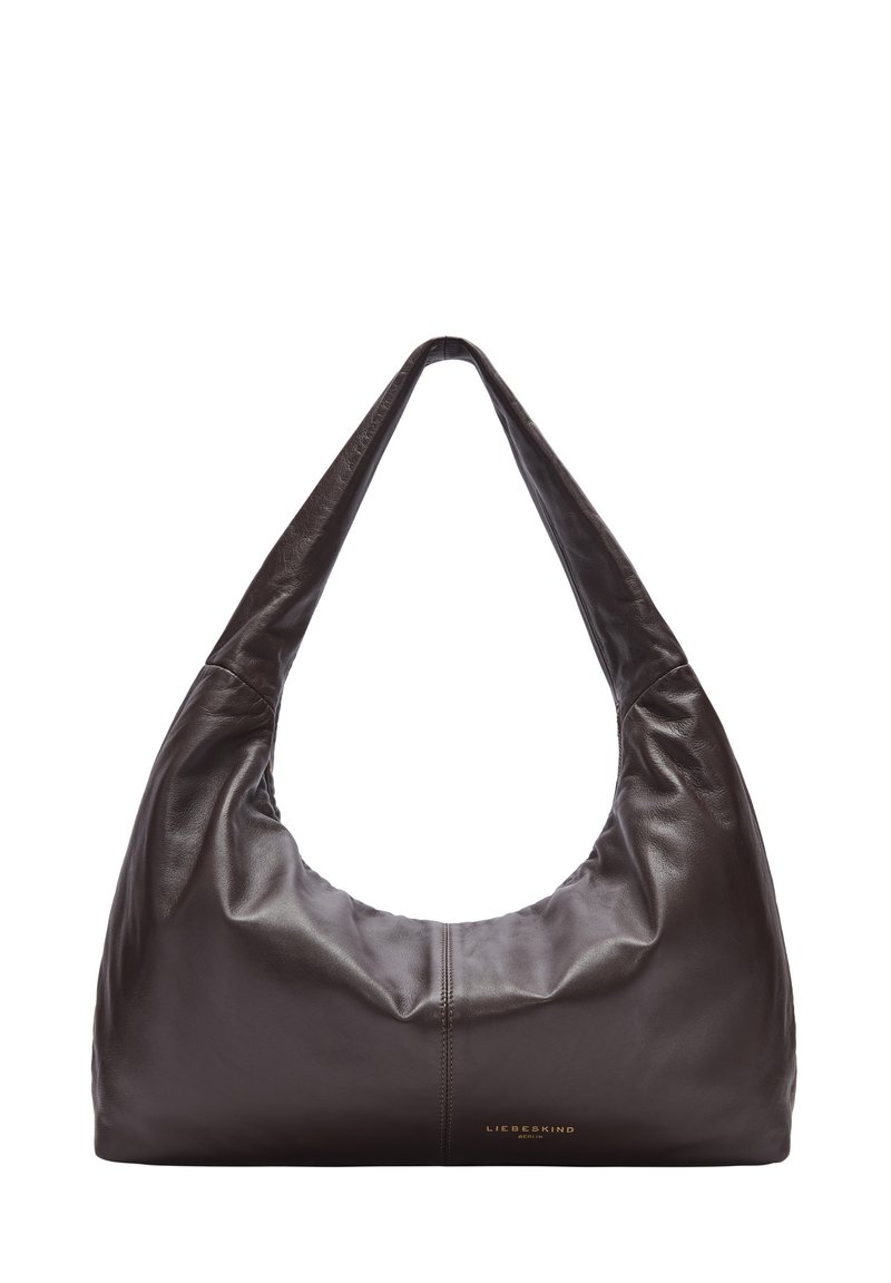 Borsa hobo in pelle marrone con una finitura liscia, corpo grande e curvato, e una tracolla ampia. Presenta cuciture sottili e logo del brand impresso.