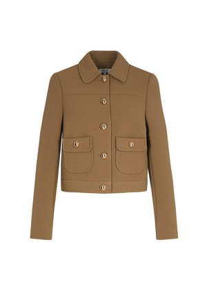 Brown cropped jacket with collar, five gold buttons down front, and two front flap pockets with buttons.
