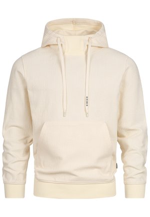 Kremowa bluza z kapturem z fakturowanym wzorem, z przodem w kształcie kieszeni kangurka, regulowanymi sznurkami i ściągaczami przy mankietach. Miękka, dziana tkanina.