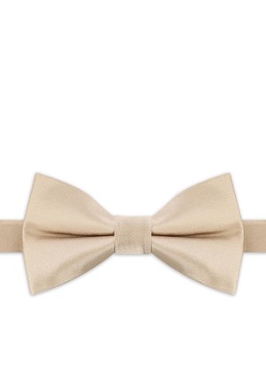 Beżowa muszka z tkaniny o klasycznym, symetrycznym kształcie i regulowanym pasku na białym tle.