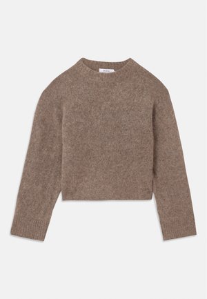 Pull court marron en laine douce et texturée, avec un col rond et des manches longues. Présente des bords-côtes aux poignets et à l'ourlet.