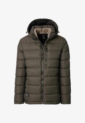 Olivengrøn dunjakke med pelsforet hætte, lynlåslukning foran og to knapper i siden. Har vandret quiltet struktur og sorte detaljer.