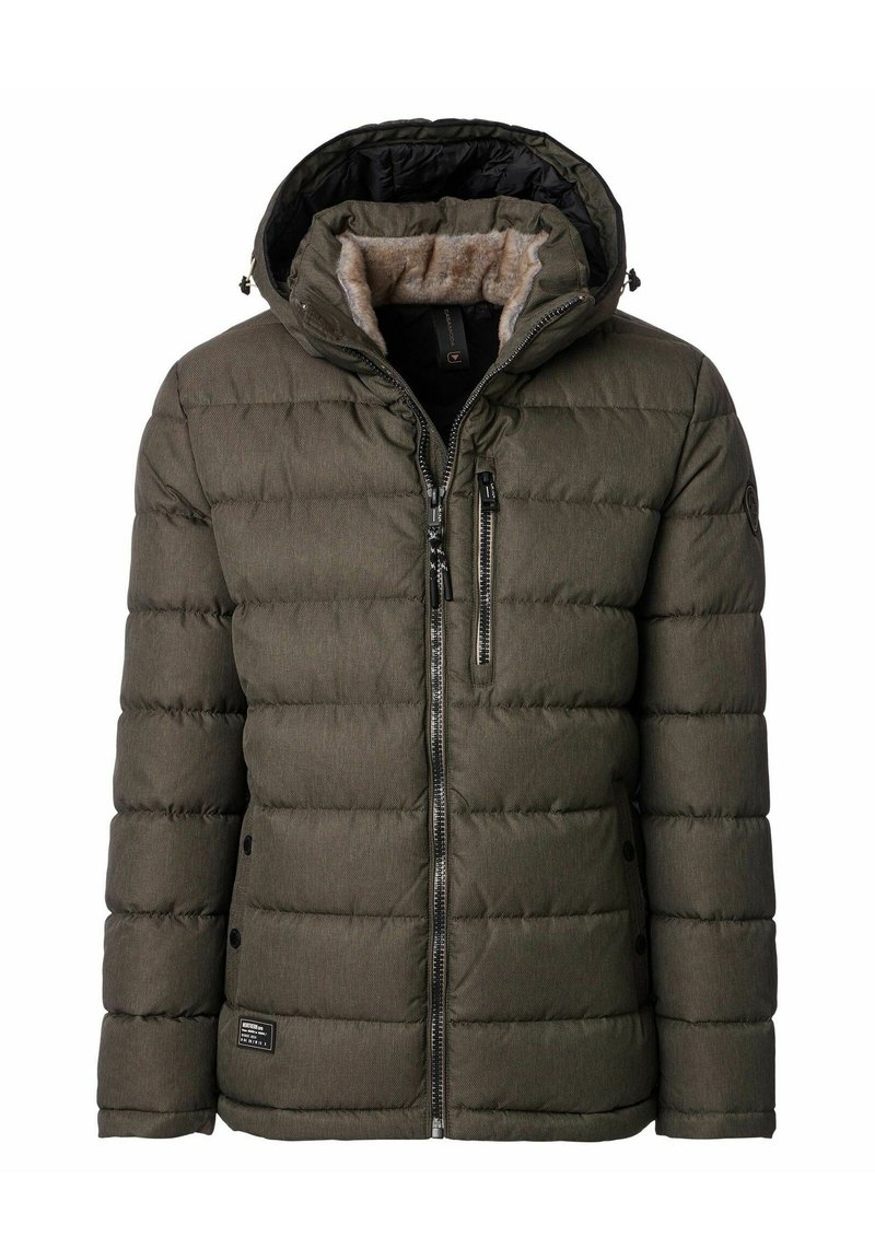 Olivengrøn dunjakke med pelsforet hætte, lynlåslukning foran og to knapper i siden. Har vandret quiltet struktur og sorte detaljer.