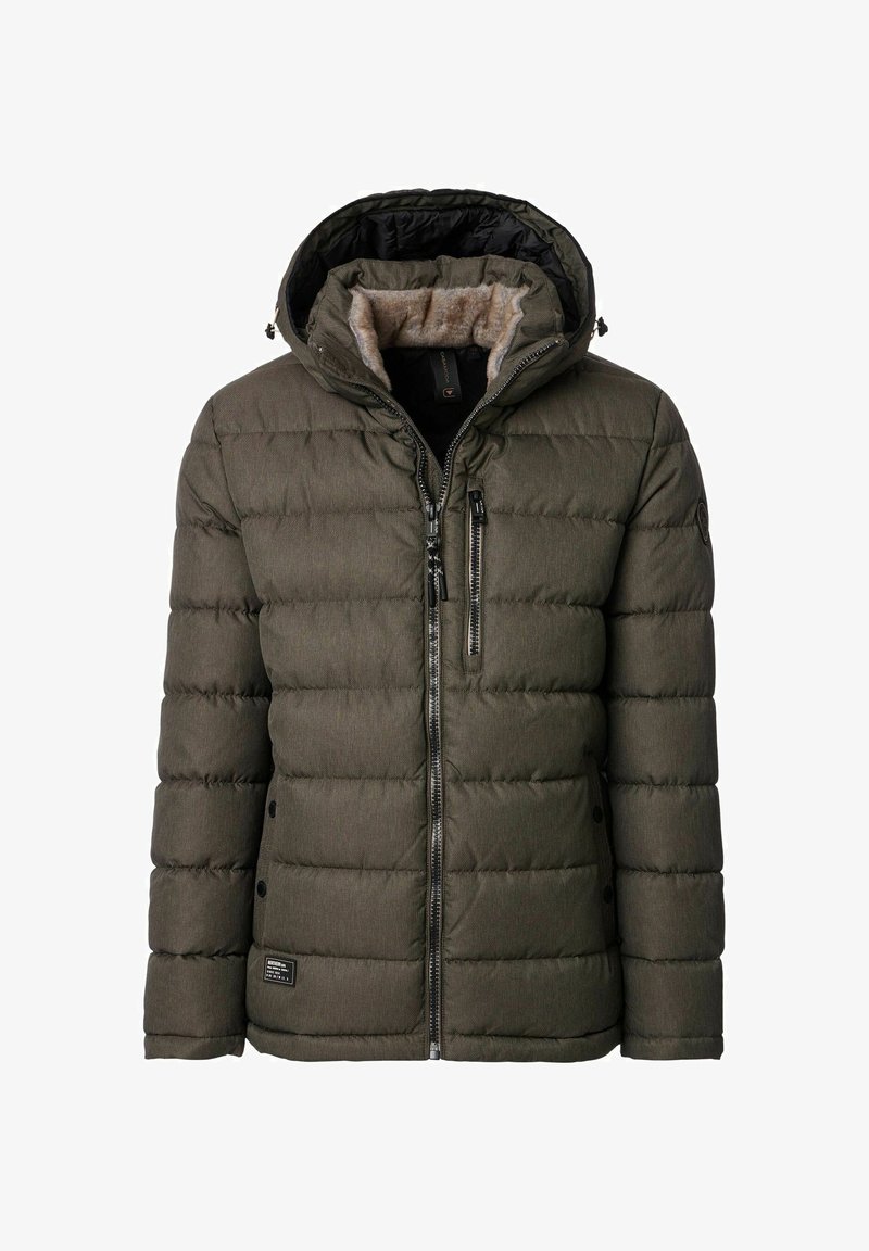 Olivengrøn dunjakke med pelsforet hætte, lynlåslukning foran og to knapper i siden. Har vandret quiltet struktur og sorte detaljer.