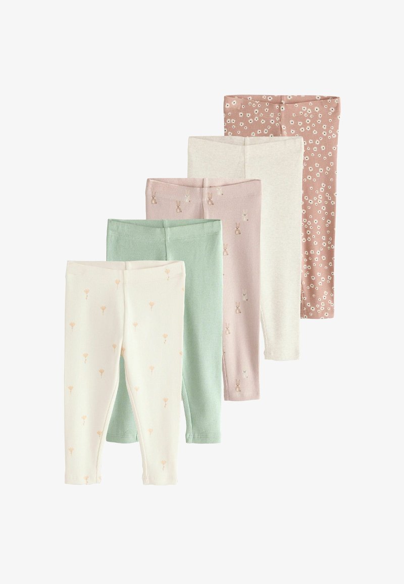 Fünf Paar gerippte Babyleggins in weichen Pastellfarben, darunter Creme mit Blumen, Grün, Rosa mit kleinen Tieren, Weiß und Rosa mit weißen Blumen.
