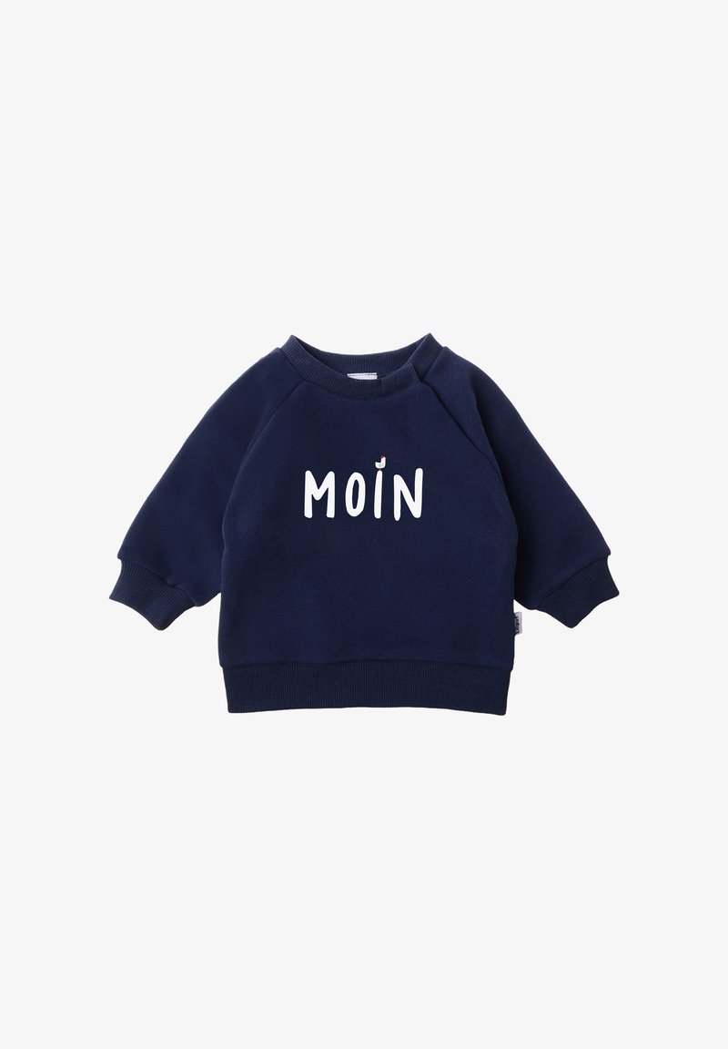 Navy blue sweatshirt with raglan sleeves, featuring the text "MOIN" in white. Soft material with ribbed cuffs and waistband.
