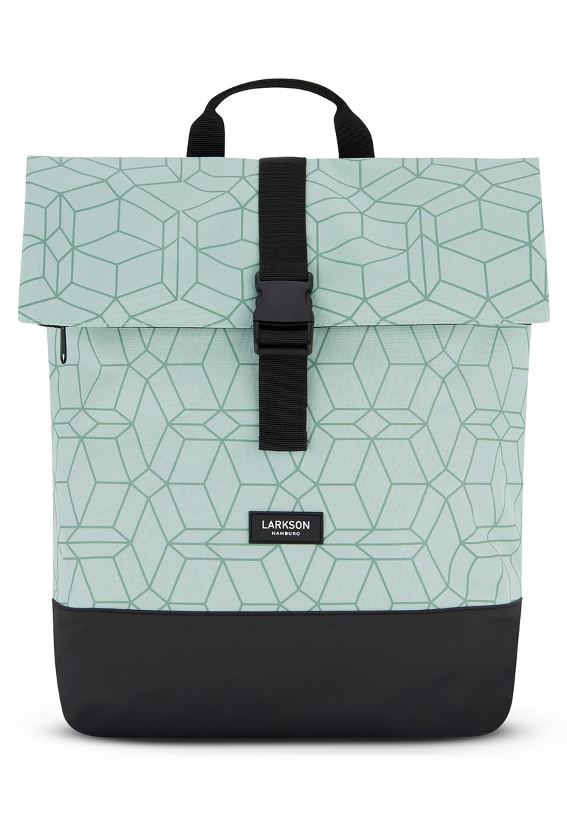 Sac à dos multi-compartiments en vert menthe clair avec motif géométrique, fond noir, bandoulière réglable et rabat supérieur avec fermeture à boucle.