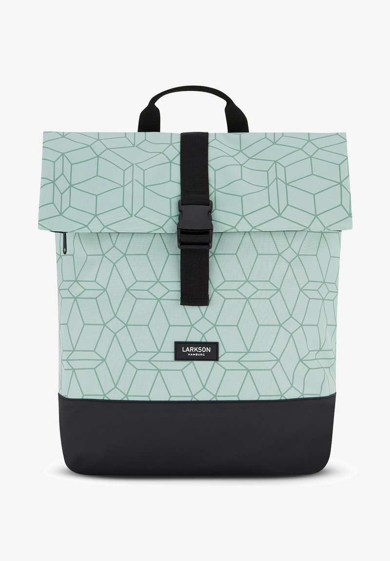 Zaino a più scomparti in verde menta chiaro con motivo geometrico, fondo nero, tracolla regolabile e pattina superiore con chiusura a fibbia.
