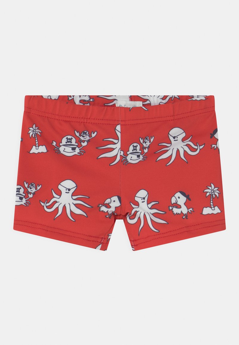 Calções de banho vermelhos com um padrão de desenhos animados de polvos, caranguejos, papagaios e palmeiras, feitos de um tecido liso e elástico.