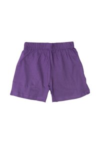 Shorts di cotone viola con vita elastica e cuciture laterali. Il tessuto è morbido e ha una texture liscia, progettato per offrire comfort e facilità.