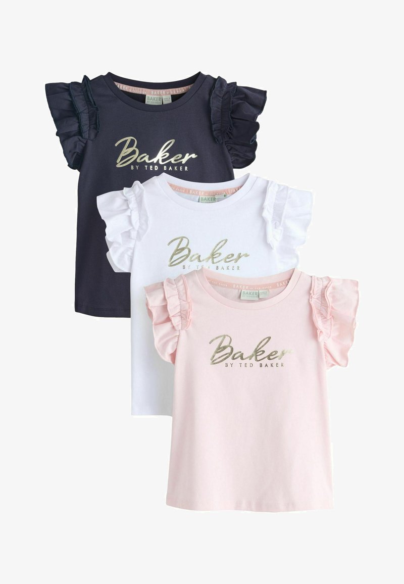 Trys trumpomis rankovėmis marškiniai tamsiai mėlynos, baltos ir rožinės spalvų, su raukiniais ant rankovių ir auksiniais užrašais „Baker by Ted Baker“ priekyje.