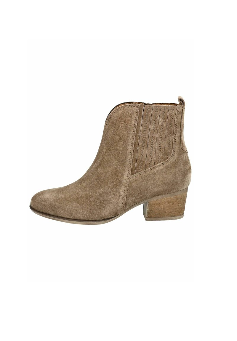 Braune Wildleder-Ankle Boots mit einer runden Zehenpartie, dezenten seitlichen Einsätzen und einem gestapelten Holzabsatz. Mit einer Zuglasche auf der Rückseite für ein einfaches An- und Ausziehen.
