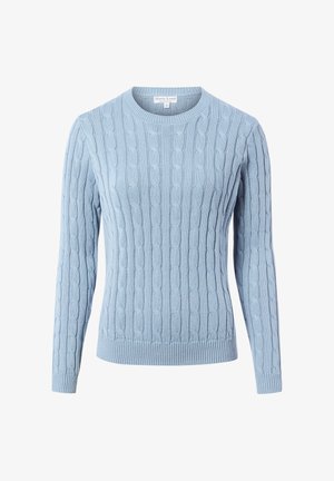 Pull en maille torsadée bleu clair avec des manches longues, un col rond, des poignets et un ourlet côtelés, présentant un motif texturé sur l'ensemble.