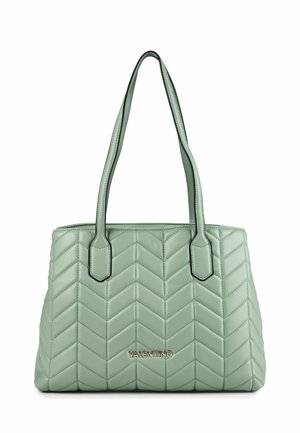 Sac à main matelassé vert clair avec deux bandoulières et logo "Valentino" en métal doré au centre avant.