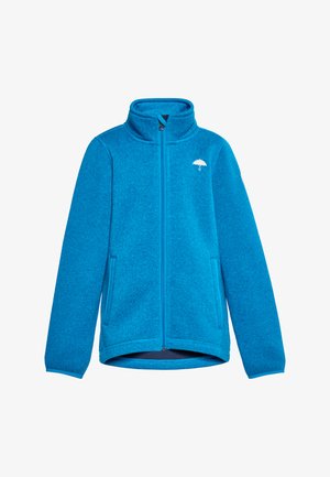 Kék bolyhosdzseki magas gallérral, teljes cipzárral, két oldalsó zsebbel és egy kis fehér ernyő logóval a bal mellen. Puha tapintású.