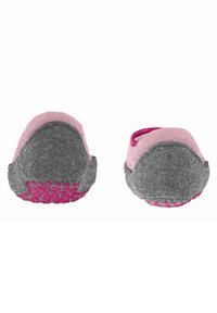Szare filcowe klapki z różowymi akcentami, okrągłym tyłem i gumowymi podeszwami z okrągłym wzorem. Miękka tekstura i łatwy w zakładaniu fason.