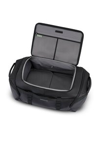 Duża czarna torba sportowa z szarym wnętrzem, zamknięciem na zamek, siatkową kieszenią i podwójnymi uchwytami do łatwego przenoszenia. Materiał wodoodporny.