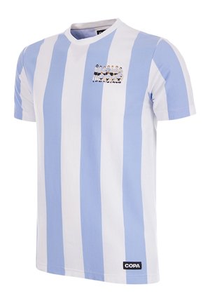 Katoenen t-shirt met lichtblauwe en witte verticale strepen. Heeft een kleine afbeelding van voetballers op de borst en een COPA-label.