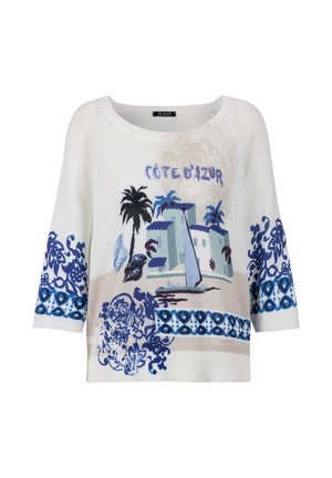 White long-sleeve sweater with blue and beige coastal design, palm trees, a sailboat, buildings, and "Côte d’Azur" text.