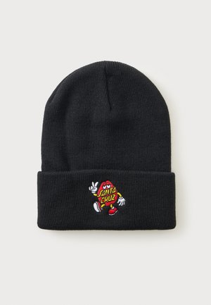 Czarna dziergana czapka z podwiniętym mankietem z kolorowym logo maskotki przedstawiającym znak pokoju i tekst Santa Cruz.