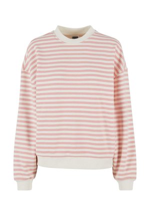 Gaiši rozā un krēmkrāsas svītrainā sporta krekls ar ribotu kuplu apkakli, garām piedurknēm un brīvu piegriezumu. Mīksta auduma tekstūra, viegla.