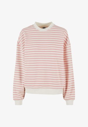 Heledad heleroosa ja koorevärvi triibuline sviiter, millel on soonikuga ümar kaelus, pikad varrukad ja lõdva lõige. Pehme kangateksuur, kerge.