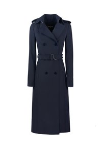 Cappotto trench doppiopetto navy con spalline, vita con cintura e tessuto liscio e texturizzato. Presenta bottoni tondi e maniche lunghe.
