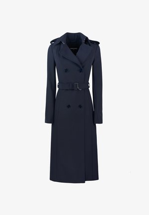 Cappotto trench doppiopetto navy con spalline, vita con cintura e tessuto liscio e texturizzato. Presenta bottoni tondi e maniche lunghe.