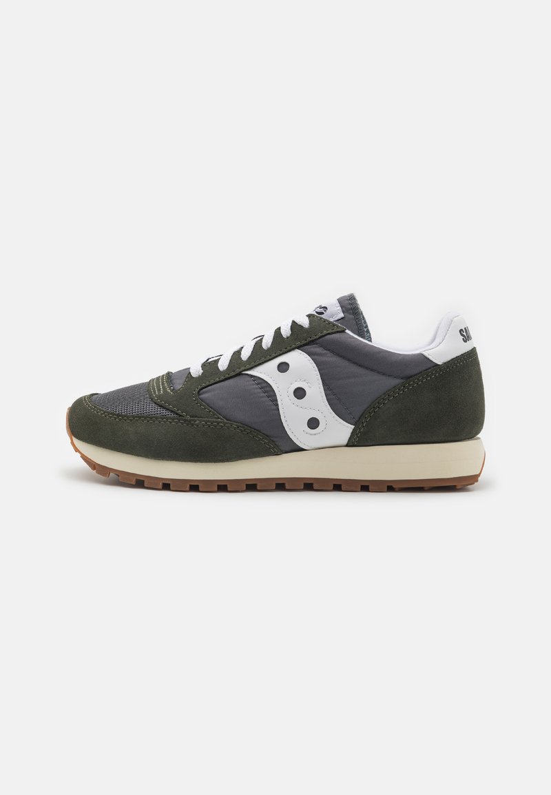 Green and gray sneakers made of suede and mesh, featuring a white logo accent, round eyelets, and a lightweight rubber outsole.