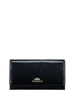 Schwarze Geldbörse mit glänzender und matter Oberfläche, ausgestattet mit einem goldenen Logo auf der Vorderseite und einer eleganten rechteckigen Form.