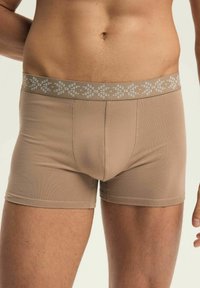 Beżowe bawełniane bokserki z miękkim, elastycznym pasem o jasnoszarym wzorze małych, powtarzających się kształtów. Gładka tekstura, dopasowany krój.