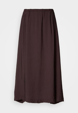 Brown maxi skirt, made of lightweight, textured fabric with an elastic waistband. Fluid design and relaxed fit, featuring a straight silhouette.
