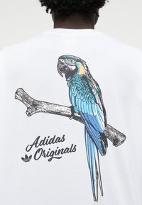 Perroquet bleu et jaune perché sur une branche avec les textes et logo "Adidas Originals" imprimés au dos d'un t-shirt blanc.