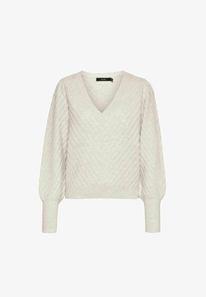 Lichtgrijze gebreide trui met een V-hals, een textuur chevronpatroon, ballonsleeves en geribde boorden. Zacht, warm materiaal met een relaxte pasvorm.
