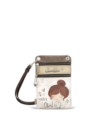 Mała beżowo-brązowa torba na ramię z wzorem kreskówkowej dziewczynki i napisem "Zakochana w wiedzy" na przedzie, z dwoma zapinanymi na zamek przegródkami.