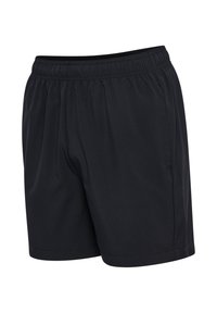 Svarta sportshorts med elastisk midja, slät textur och sidofickor, med en lös passform och knälängd.