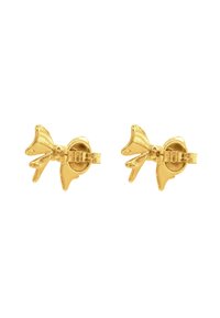 Orecchini a bottone color oro a forma di fiocco con superfici lisce e lucide e bordi dettagliati e stratificati. Presentano un meccanismo di chiusura sicuro.
