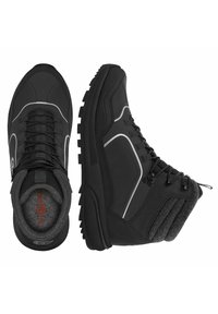 Schwarze Wanderschuhe mit strukturierten Obermaterialien, Mesh-Einsätzen und silbernen Akzenten. Verfügen über eine dicke Gummisohle und einen gepolsterten Schaft für zusätzlichen Halt.