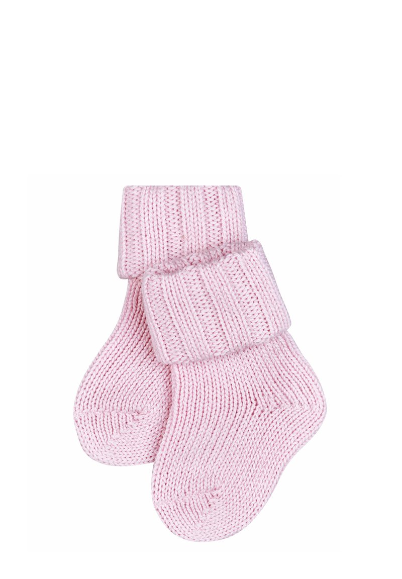 Knitted pink socks with a ribbed cuff, soft texture, and rounded toe design. Socks are slightly textured with visible stitching details.