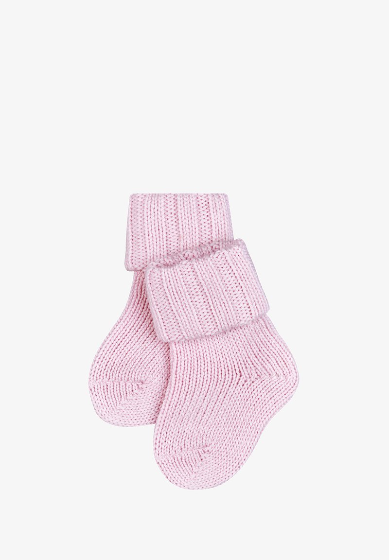 Knitted pink socks with a ribbed cuff, soft texture, and rounded toe design. Socks are slightly textured with visible stitching details.