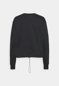 Sudadera negra con cuello redondo, mangas largas y un cordón en el dobladillo para un ajuste ajustable. Textura suave y diseño minimalista.