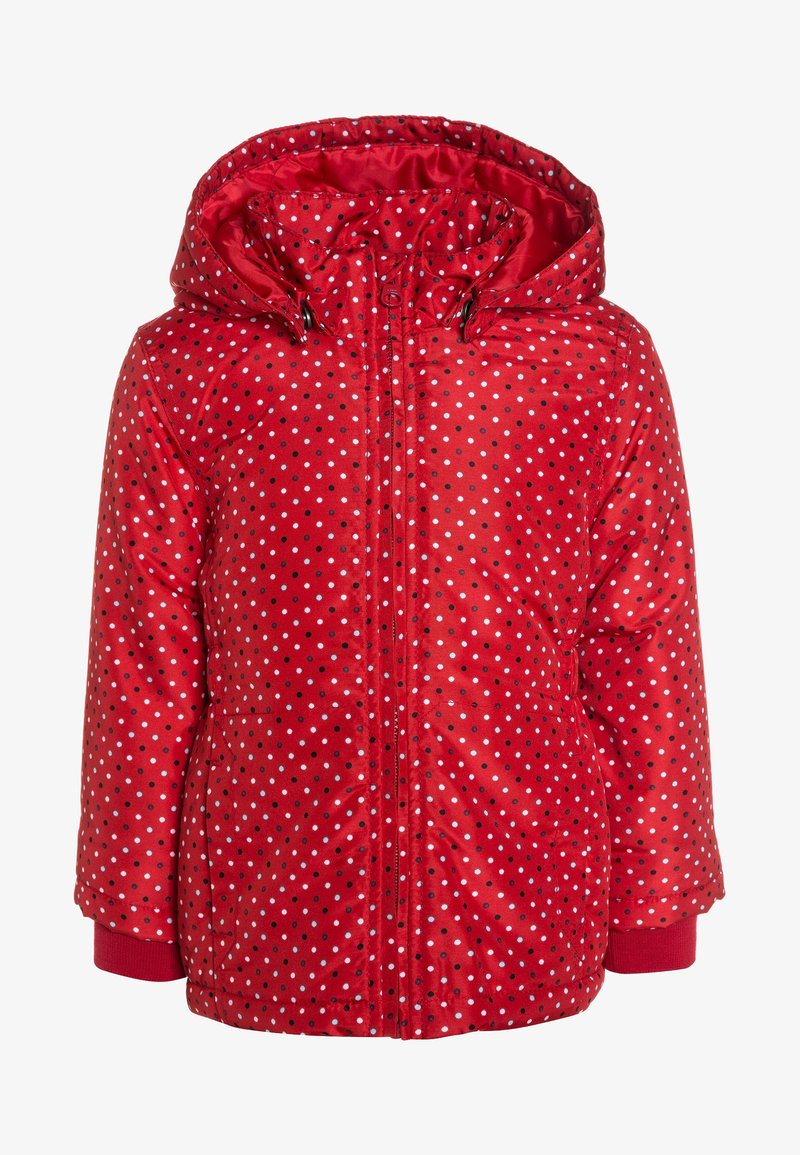 Veste d'hiver rouge pour enfants avec des pois blancs et noirs, fermeture éclair sur le devant, poches latérales et capuche intégrée.