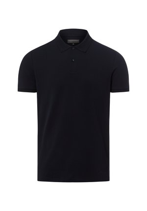 Czarna koszulka polo z krótkim rękawem, z dwoma guzikami i klasycznym kołnierzykiem, wykonana z gładkiej tkaniny, prezentowana na białym tle.