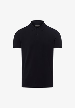 Zwart polohemd met korte mouwen, twee knopen en een klassieke kraag, gemaakt van gladde stof, weergegeven op een witte achtergrond.