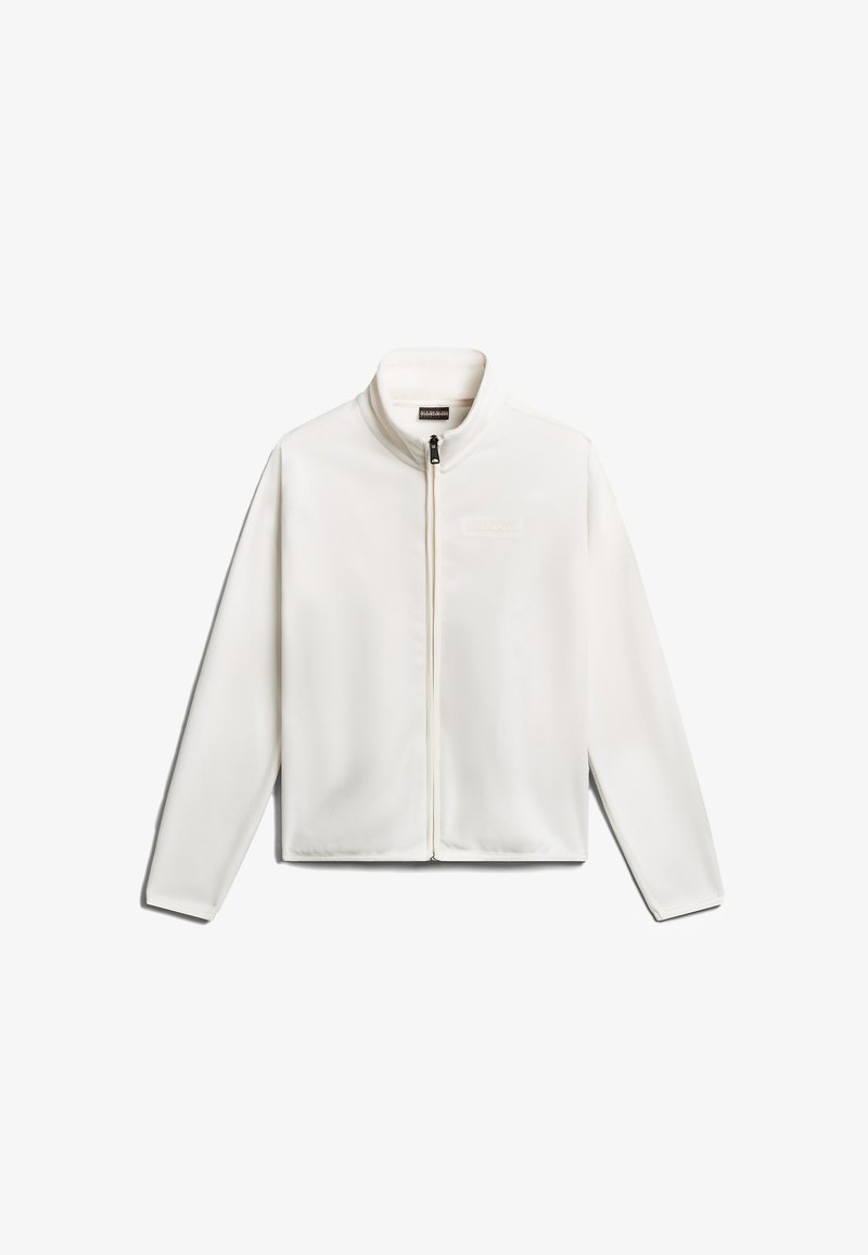 Witte fleece hoodie met een hoge kraag. Voorzien van een centrale rits, zachte textuur en een klein logo op de borst.