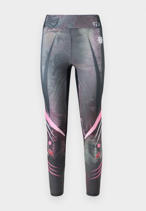 Obcisłe legginsy w ciemnoszarym kolorze z kropkowanym wzorem, z różowymi graficznymi akcentami i wysokim stanem.